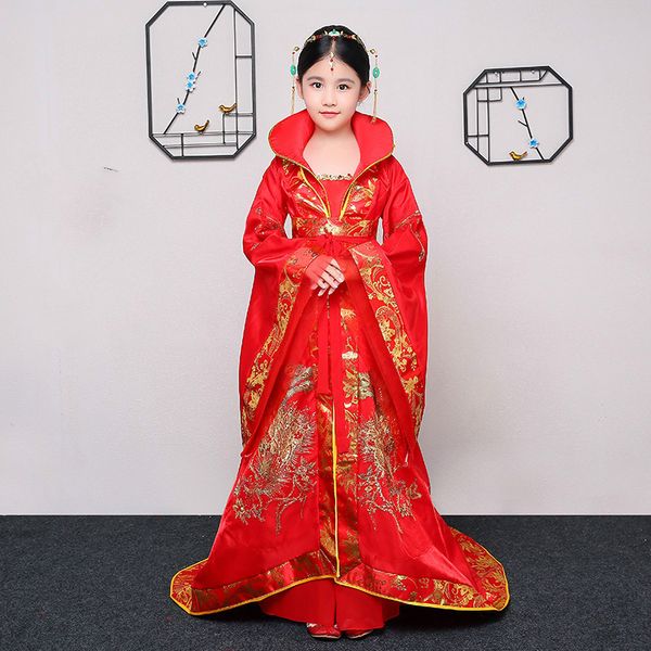 

дети древний китайский костюм тан королева династия tailing костюм guzheng показать одежда девочки hanfu китайская фотография, Black;red