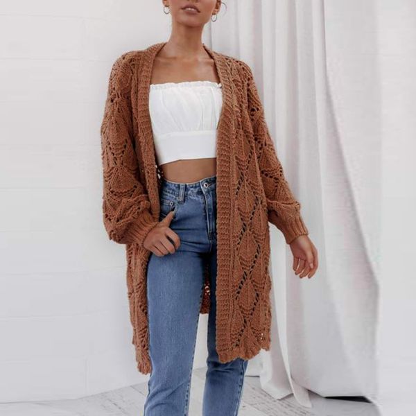 

autumn winter cardigan women cotton diamond-shaped hollow long knit loose plus size casual long-sleeved solid long sweater, White