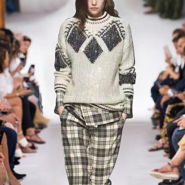 

1225 new arrival 2020 spring sweater crew neck long sleeve pullover beads wool rayon brand same style sweater luxury as, White;black