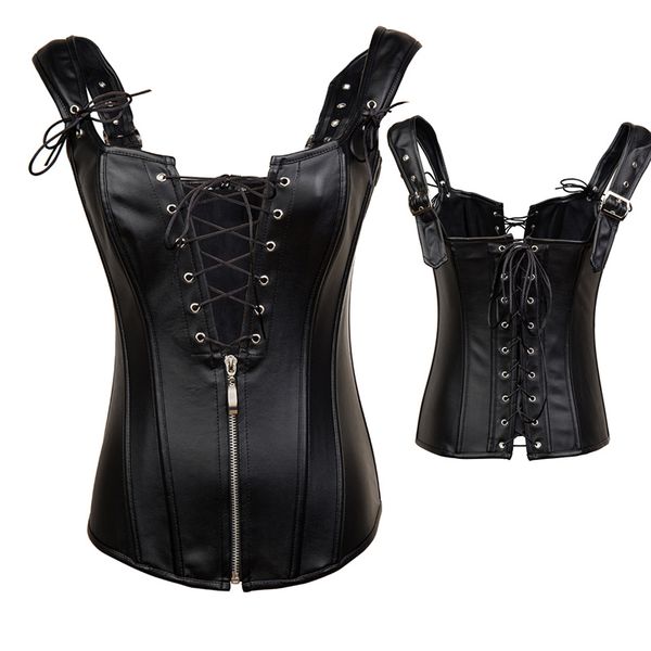 

готический панк искусственный кожаный корсет sexy black zipper стимпанк корсет overbust зашнуровать жилет женщины талия cincher, Black;white
