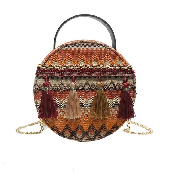 

2019 new fashion national style round braided tassel messenger bag ladies cosmetic bags & cases