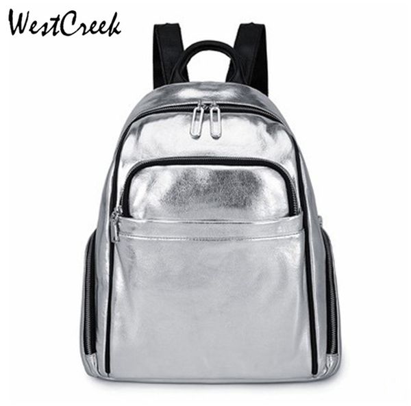 

westcreek brand silver luxury genuine leather women soft bagpack travel backpack school bags bookbag sac mochilas