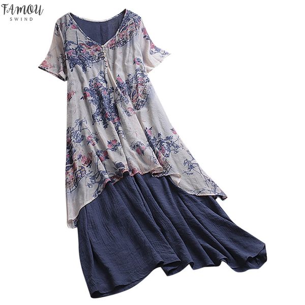 

sagace women's large size bohemian v-neck vintage floral print short sleeve linen long dress elegant beach dress, Black;gray