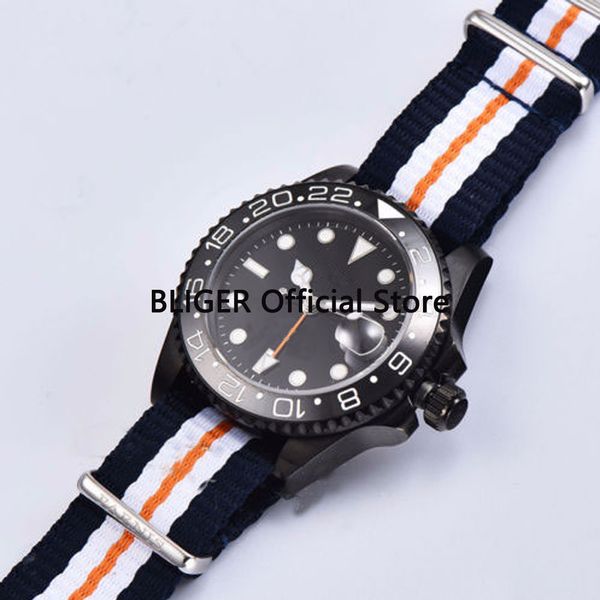 

40mm full black men's watch nylon strap ceramic rotating bezel gmt function sapphire glass luminous automatic movement, Slivery;brown