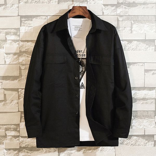 

tide men shirt casual single breasted autumn shirt fashion solid pocket lapel long sleeve loose thin coat blouse, White;black