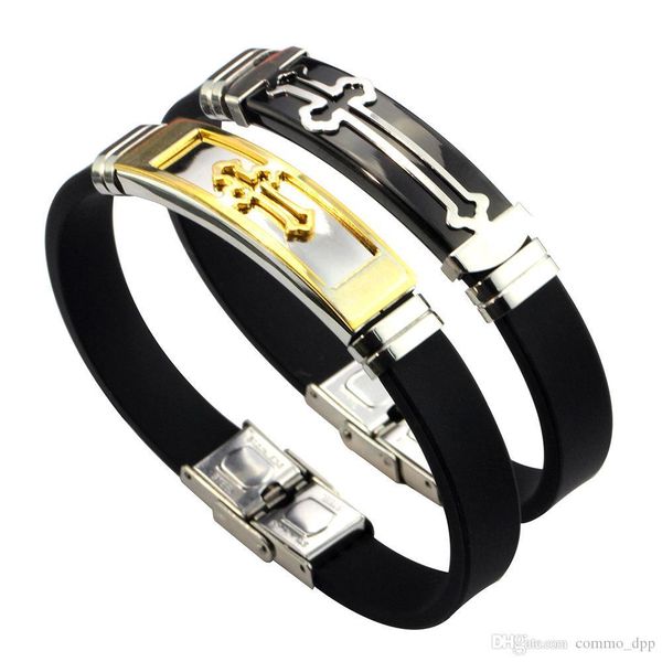 

new punk black silicone bracelets for men women stainless steel scorpion cross design bangle wristbands fashion jewelry gift, Golden;silver