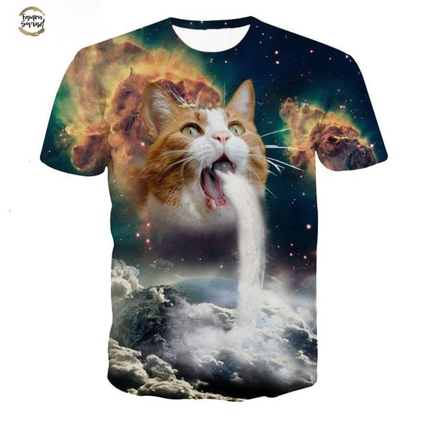 

solar kitten t-shirt cat vomiting a waterfall onto earth vibrant 3d cat tee shirt galaxy nebula space t shirt for women men, White
