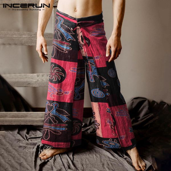 

incerun мужские брюки этнический стиль печатные сыпучие узелок vintage joggers wide leg брюки мужчины повседневная уличная рыболова брюки 5x, Black