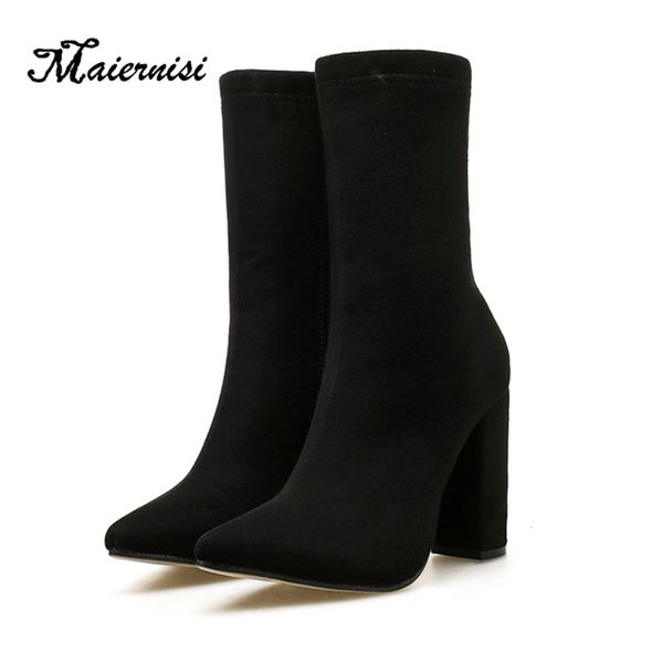 

maiernisi women autumn winter womens boots low wedge buckle biker trim high heel mid calf boots shoes girls mid ladies, Black