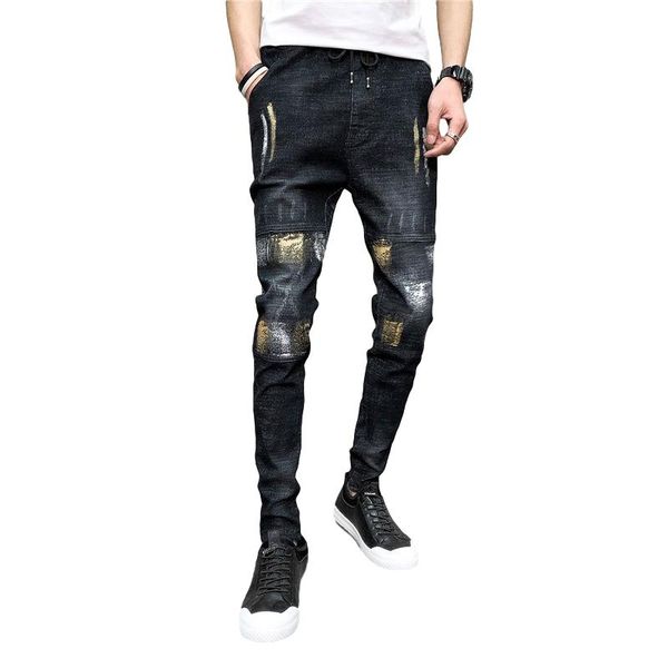 

idopy мужские шаровары корейский стиль slim fit моды эластичный пояс голеностопного длина покрашены брюки мужской, Black