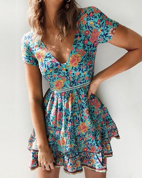 

элегантный casual v шеи с коротким рукавом линия мини платье v-образным вырезом цветочные печати повседневные платья, Black;gray