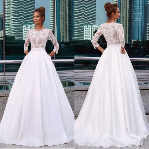 

vintage 2020 princess wedding dresses jewel neck 3/4 sleeve lace appliques country bridal gowns with pocket satin vestido de novia bc3459, White