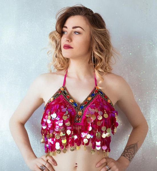 

women sequin halter bra salsa belly dance boho festival club tribal colorful beading coins tassel lace-up cami, White