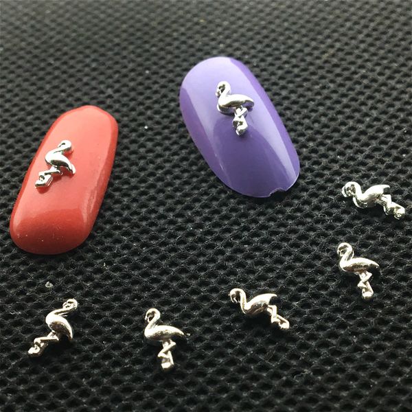 

100pcs flamingo 3d nail art decorations kawaii nailart accessoires silver birds metal studs summer charms ornaments for uv gel, Silver;gold
