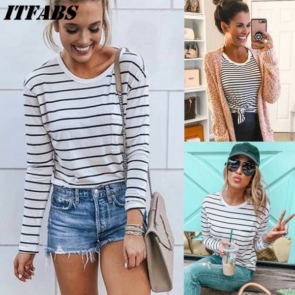 

fashion women`s long sleeve loose black white stripes t-shirts autumn casual ladies o-neck pocket