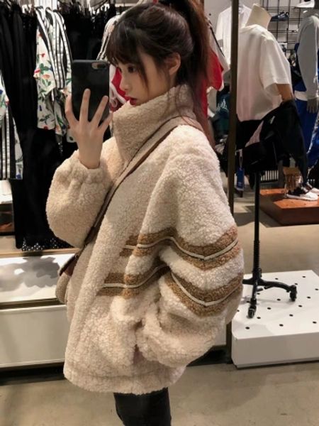 

korean version of loose belt, lamb, wool, cotton coat, women's collar, mid length, 2019 autumn and winter, Black