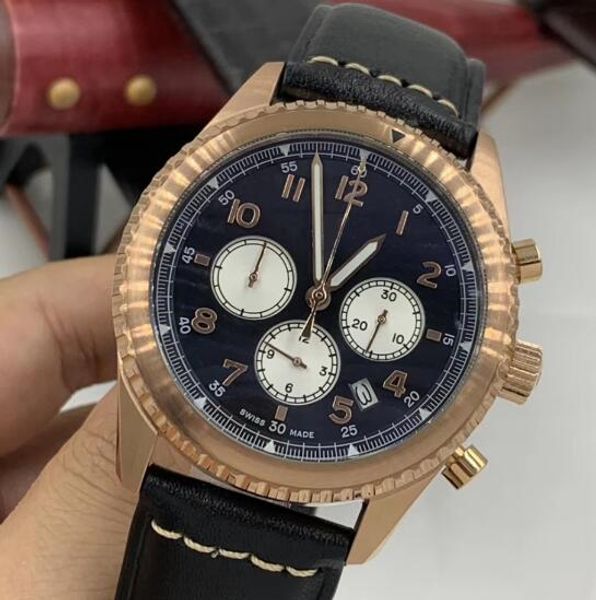 

b-1884 unique and durable clock quartz battery minute markers calendar calfskin strap mens watches black dial watch aviator 8 wristwatches, Slivery;brown