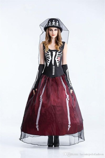 

The Skeleton Bride Theme Costume Designer Womens Cosplay Sleeveless Dress Halloween Day Funny Dress Party Dress