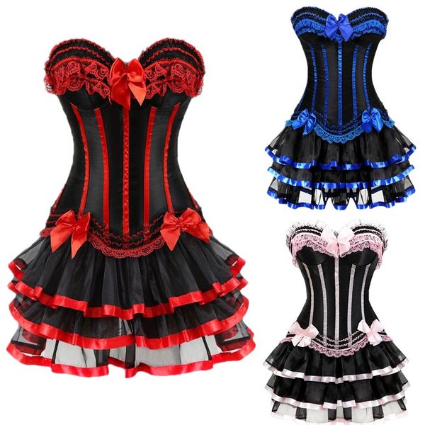 Corsetto overbust in raso di pizzo con volant a strati con minigonna a strati a contrasto nero Gonna corsetto burlesque da donna Completo Big Plus Size S-6XL Mult