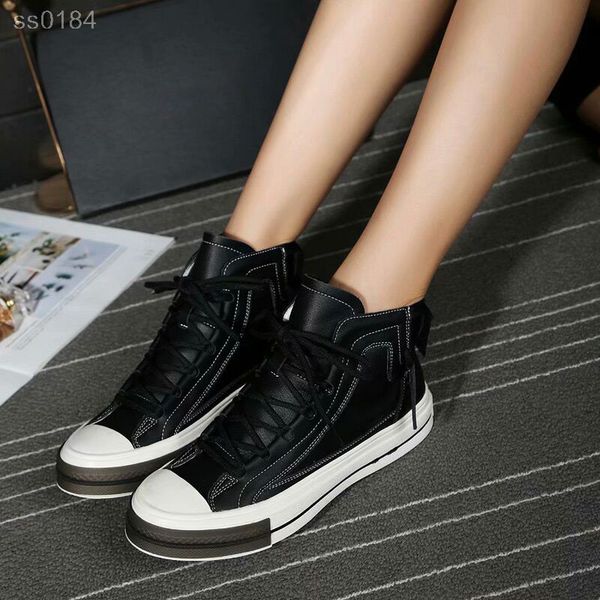 

fashionable high-shoes women's 2019 new flat-bottom shoes women's europe and america wild plus velvet calfskin tide women's s, Black
