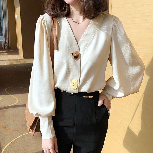 

women's blouse elegant new v-neck solid color shirt lantern sleeves blouses sweet big button long-sleeved blusas mujer de moda, White