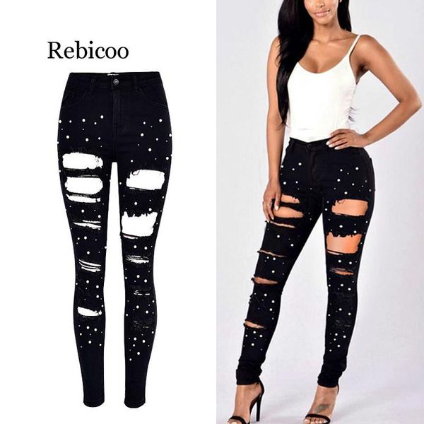 

winter high waist boyfriend ripped jeans for women mom jeans plus size black pearl pencil denim skinny woman trousers, Blue