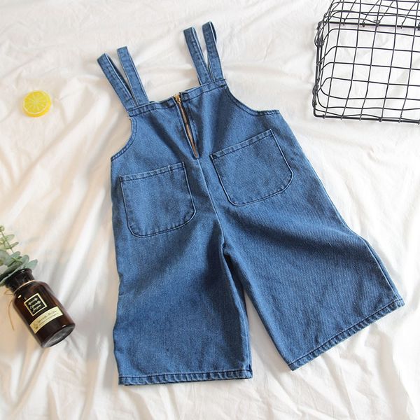 

2019 new spring item girl casual jeans suspender pant with two pockets, Blue