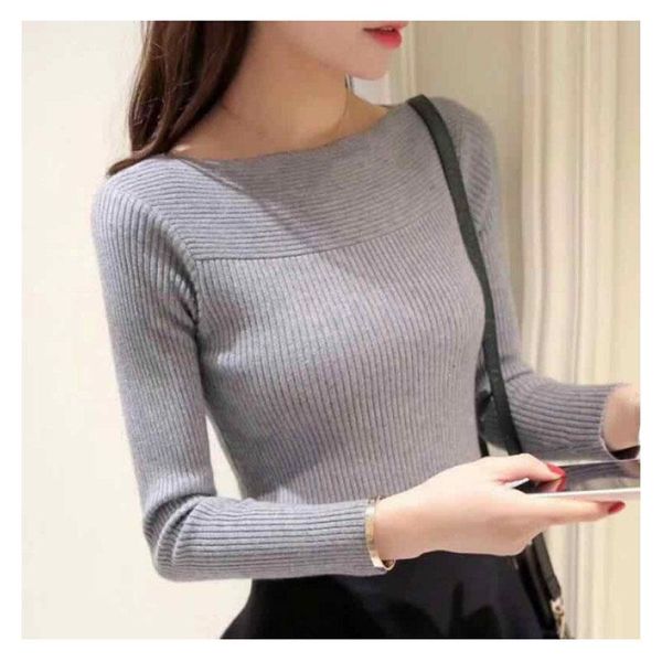 

fashion bateau neck long sleeve sweater slash neck women simple knitted pullover sweater autumn winter solid color slim, White;black