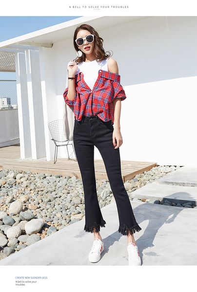 

black female jeans stretch horn points, Blue