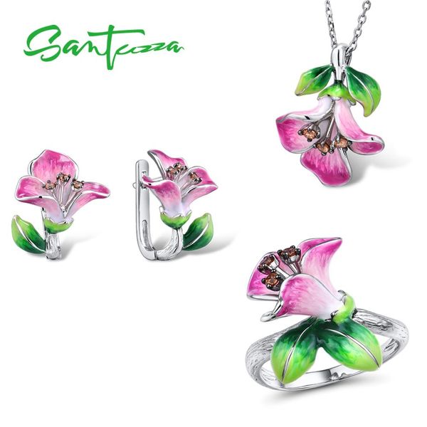 

santuzza jewelry set for women pure 925 sterling silver elegant pink flower earrings ring pendant fine jewelry handmade enamel, Black