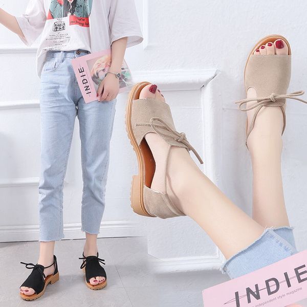 

sandal women's summer flat bottom 2019 new korean version of fashion simple students with a lot of personality tied women's shoes, Black