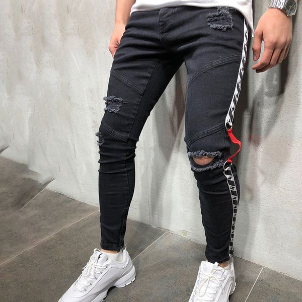 

stripe mid waist skinny jeans hip hop trousers mens black 19ss biker jeans ripped distressed pant male fashion nightclub denim, Blue