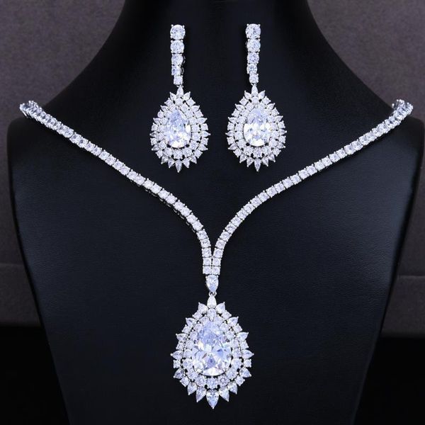 

godki trendy luxury 2pcs lariat necklace statement jewelry set for women wedding full cubic zircon dubai bridal jewelry set 2020, Silver