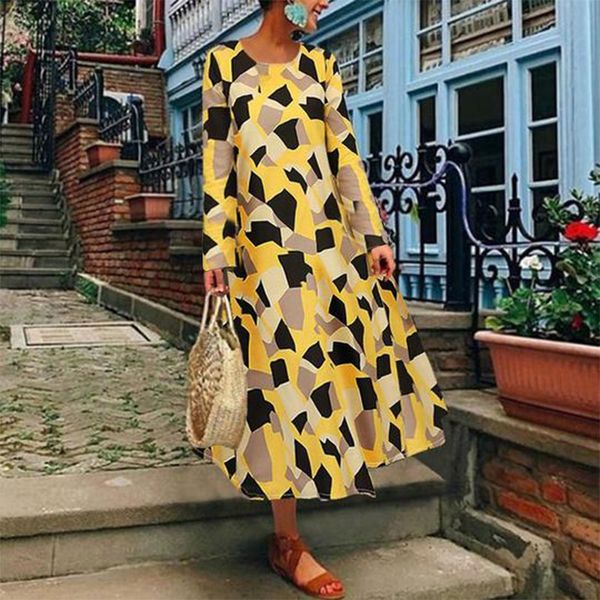 

2020 summer women's bohemian beach dresses print yellow tunic long casual short-sleeved waistline long sleeve vestidos