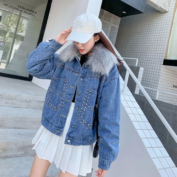 

2019 winter new products korean-style large fur collar brushed and thick cowboy cotton coat cropped jacket, Blue;black