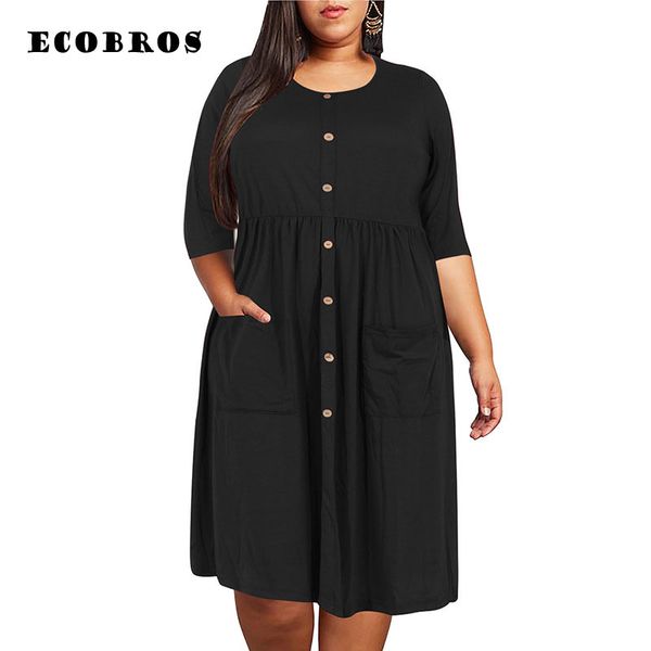 

big size 9xl dress for fat mm 2019 women dress loose pocket design solid plus size dresses women clothing party vestidos, Black;gray