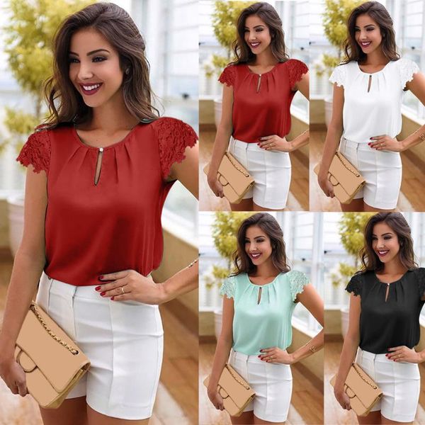 

large size women's lace blouse summer button cotton shirt women's short sleeve chiffon casual loose blouse camisetas mujer, White