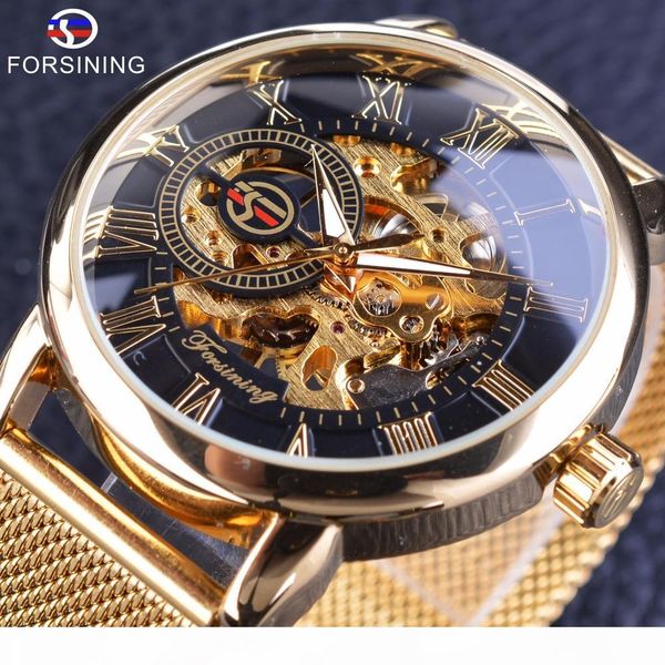 

forsining transparent case 2017 fashion 3d engraving golden stainless steel men mechanical watch skeleton shipping, Slivery;brown