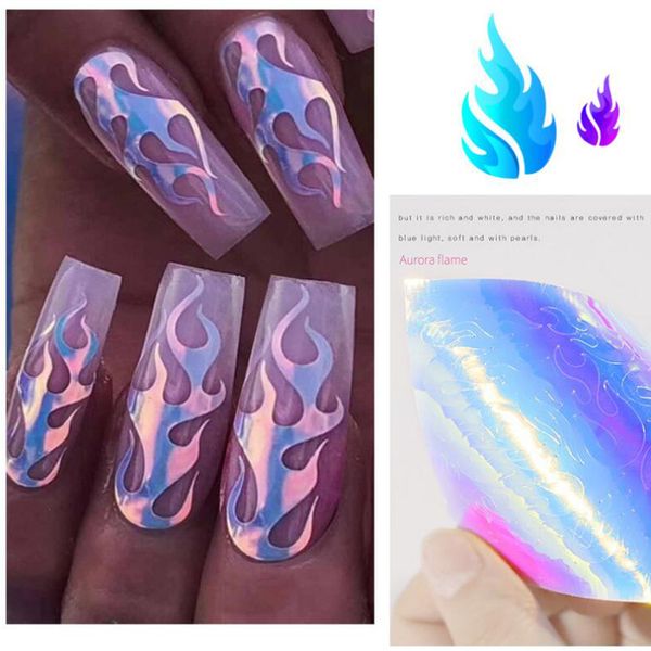 

2 pcs 6*8cm 3d foil flame nail sticker shining color transfer designs water decals nail art stickers wraps art decoration, Black