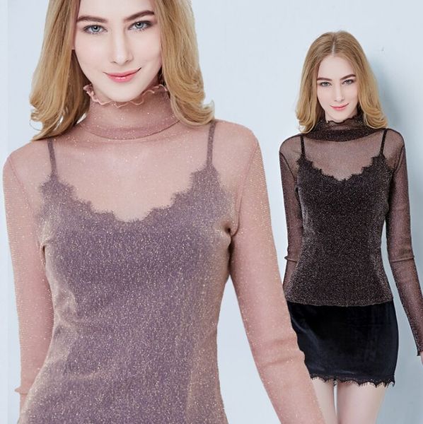 

spring size s-3xl women turtleneck slim soft full sleeve shinning transparent tee shirts lady elastic mesh, White