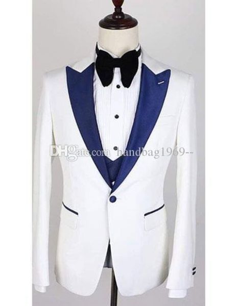 Yeni Tasarım Tek Düğme Beyaz Damat Smokin Tepe Yaka Groomsmen Erkek Takım Elbise Düğün / Balo / Akşam Yemeği Blazer (Ceket + Pantolon + Yelek + Kravat) K271