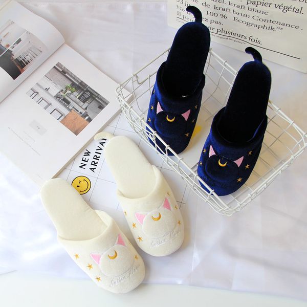 

new sailor moon printed cartoon soft plush women home winter lint indoor stuffed non-slip warmth average code slippers flip flop, Black