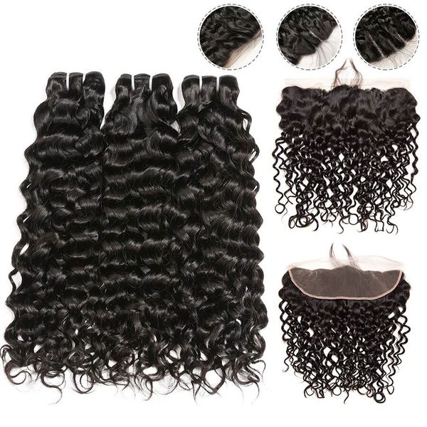 

малазийские завитые связки с фронтальной волной воды human пучки волос с фронтальным малазийским 4x13 воды завитых lace фронтальной закрытие, Black;brown