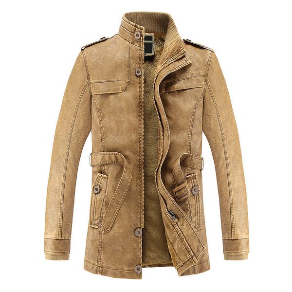 

new brand winter leather jacket men fashion mid-long thick warm wool liner mens leather jacket sashes windbreaker suede men, Black