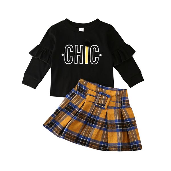 

1-7y toddler kids baby girls clothes sets letter print sweatshirt coat plaid skirt baby girl outfit clothes set, White