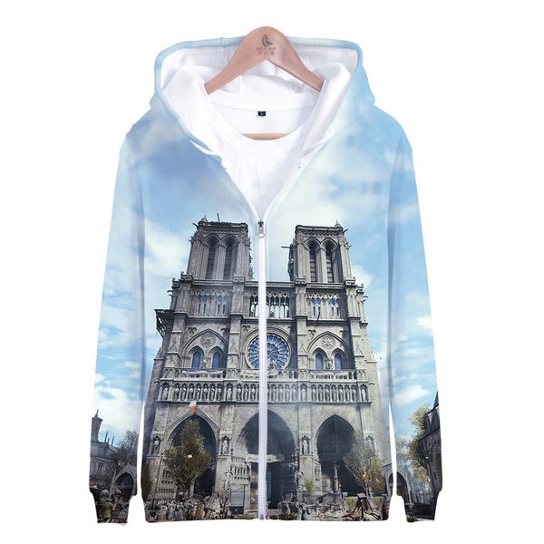 Fashion-Aikooki 3D Notre Dame de Paris Moda Homens Zíper Hoodies Sueter Jaqueta de Inverno Popular Pullover Algodão Manga Longa Outerwear