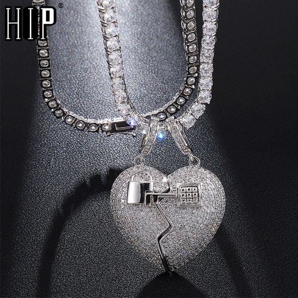 

hip hop bling iced out micro paved cz separable broken heart with key necklaces & pendants for men rapper jewelry, Silver