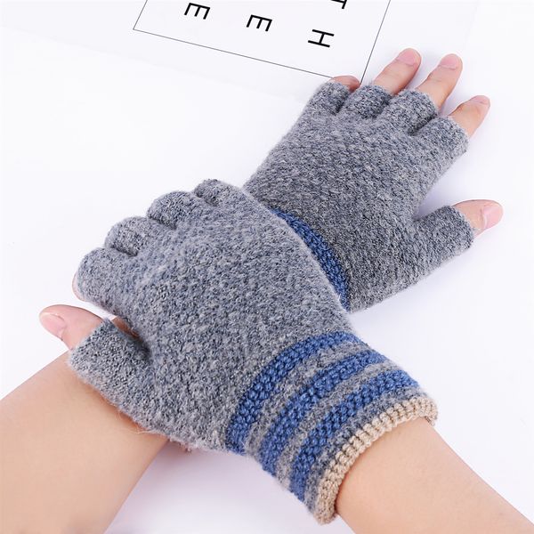 

winter women fingerless gloves without fingers pompom warm thicken mittens knit writiing typing guantes plush handschoenen, Blue;gray