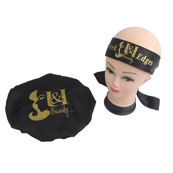 

customized private name printed boutique satin wraps headband and silk sleep protect cap bonnet for virgin hair extension wigs