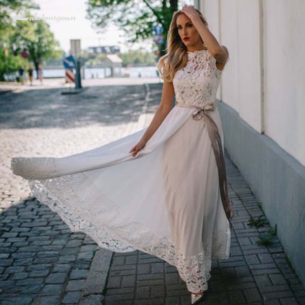 

simple chiffon beach wedding dresses with ribbon sash lace and backless boho wedding gowns plus size long bridal dress, White